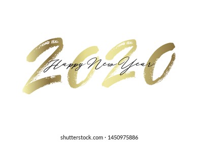 Golden inscription Happy New Year 2020. Wishes for greeting card. Hand drawn calligraphy. Handwritten golden lettering. Vector illustration.