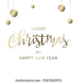 Golden inscription Merry Christmas and Happy New Year with golden balls isolated on transparent background