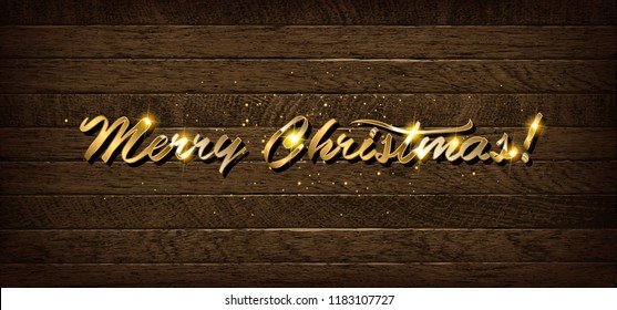 Golden inscription Merry Christmas on wooden background. Vector illustration