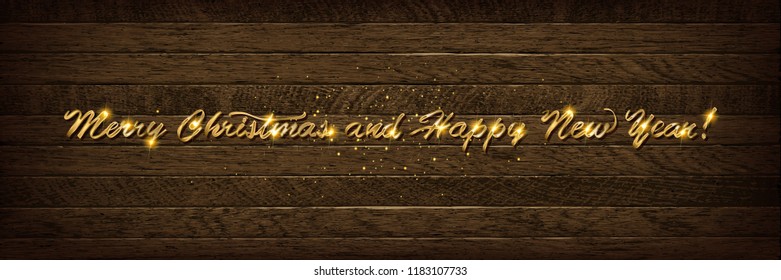 Golden inscription Merry Christmas on wooden background. Vector illustration