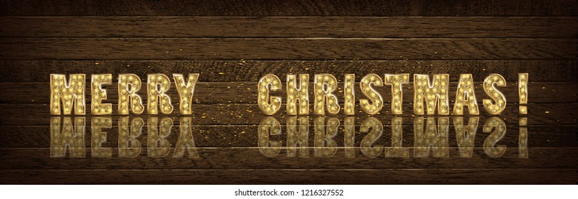 Golden inscription Merry Christmas on wooden background. Vector illustration