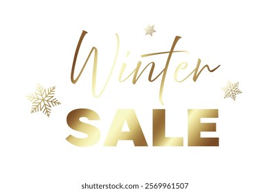 Golden inscription with snowflakes Winter sale isolated on transparent background. Inscription for advertising, seasonal sale, labels, leaflets