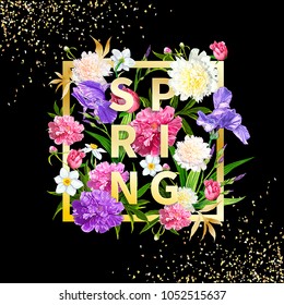 Golden Inscription Spring in a square frame with flowers pink Peonies, violet Irises, Narcissus on a black background with shiny sequins. Template for greeting card, invitations, posters, banners, web