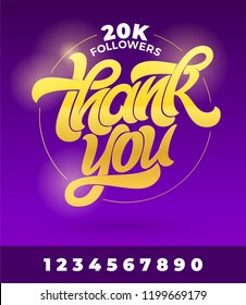 Golden inscription THANK YOU FOLLOWERS on dark violet background. Handwritten brush lettering with all numbers for your design. Vector template for social media banner, post, greeting. EPS10