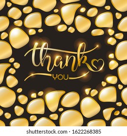 Golden inscription Thank you on a dark background surrounded by drops. Gilded lettering Thanks handwritten style with golden drops, seamlessly connects with itself, also with a similar pattern