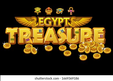 Golden inscription treasures of Egyptian culture and signs. Gold coins and icons of Egypt.