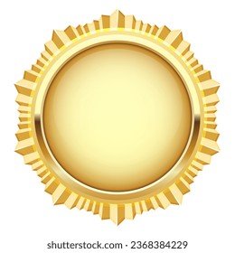 Golden insignia, cogged star-shape medal, blank award medallion, military badge, vector