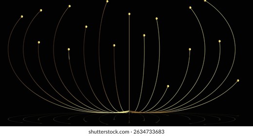 Golden Interconnected Lines Radiating on Black Background. A striking abstract image featuring numerous golden lines radiating outwards from a central point on a black background.