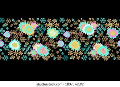 Golden interlaced floral vector border ornament with pomegranate flowers on dark background