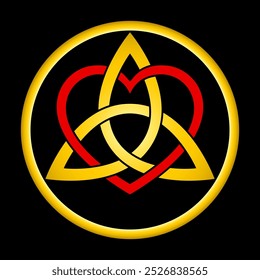 Triquetra dorado entrelazado, entretejido con un símbolo de corazón rojo, dentro de un marco de círculo de color dorado sobre negro. Un nudo celta y una figura triangular, entrelazados con un símbolo de corazón, dentro de un borde.