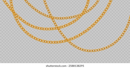 Golden intersecting metallic chains with curved arrangement and glossy surface. Connected 3d links for luxurious jewelry pattern of necklace designs, decorative borders or premium accessories.