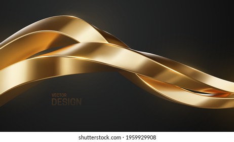 Golden intertwined shapes. Twisted strokes. Abstract luxurious background. Curvy stream. Abstract gold wave. Vector 3d illustration. Minimalist geometric cover design. Elegant backdrop. Jewelry patter