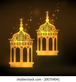Lanternas árabes intrincadas douradas sobre fundo marrom para o mês sagrado da comunidade muçulmana Ramadã Mubarak. 