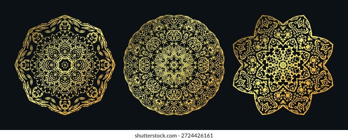 Patrones de mandala intrincados dorados sobre fondo negro