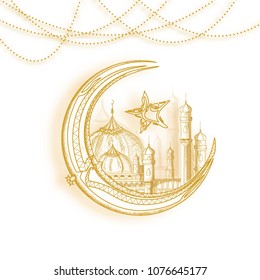 Golden intricate moon, mosquem and arabic calligraphic text Eid Mubarak on white background. 