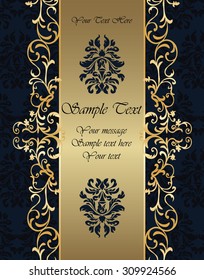 Golden Invitation card with vintage round ornaments in black. Vector