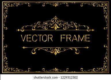 Golden Invitation floral frame border template on black, Calligraphy swirls, swashes, ornate motifs and scrolls. Vector illustration