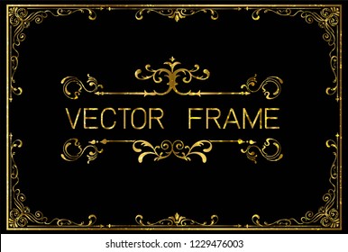 Golden Invitation floral frame border template on black, Calligraphy swirls, swashes, ornate motifs and scrolls. Vector illustration