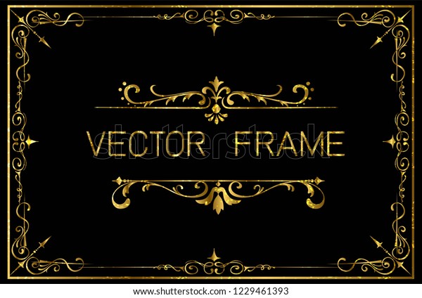 Golden Invitation floral frame border\
template on black, Calligraphy swirls, swashes, ornate motifs and\
scrolls. Vector\
illustration