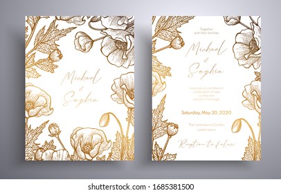 Golden invitation with frame of leaves and flowers. Botanical template with space for your text. Beautiful cards that can be used for design cover, invitation, greeting cards, brochure and etc