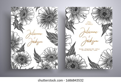 Golden invitation with frame of leaves and flowers. Botanical template with space for your text. Beautiful cards that can be used for design cover, invitation, greeting cards, brochure and etc