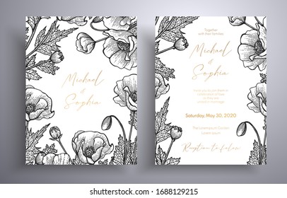 Golden invitation with frame of leaves and flowers. Botanical template with space for your text. Beautiful cards that can be used for design cover, invitation, greeting cards, brochure and etc