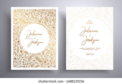 Golden invitation with frame of leaves and flowers. Botanical template with space for your text. Beautiful cards that can be used for design cover, invitation, greeting cards, brochure and etc