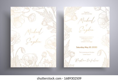 Golden invitation with frame of leaves and flowers. Botanical template with space for your text. Beautiful cards that can be used for design cover, invitation, greeting cards, brochure and etc