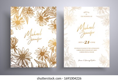 Golden invitation with frame of leaves and flowers. Botanical template with space for your text. Beautiful cards that can be used for design cover, invitation, greeting cards, brochure and etc