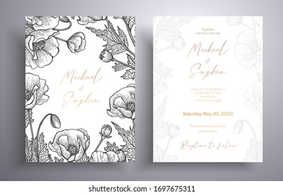 Golden invitation with frame of leaves and flowers. Botanical template with space for your text. Beautiful cards that can be used for design cover, invitation, greeting cards, brochure and etc