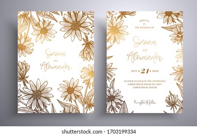 Golden invitation with frame of leaves and flowers. Botanical template with space for your text. Beautiful cards that can be used for design cover, invitation, greeting cards, brochure and etc