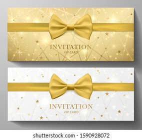 Golden Invitation template with gold bow tie (ribbon), lines, stars on golden background. Premium vip class design for Gift certificate, Voucher, Gift card 