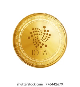 Golden IOTA coin. Crypto currency blockchain coin IOTA symbol isolated on white background. Realistic vector illustration.