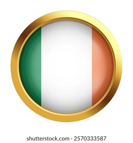 Icono de la bandera de Irlanda dorada con tricolor verde, blanco y naranja. Símbolo nacional del patrimonio cultural. Primer plano. Diseño web para imprimir iconos, emblemas, recuerdos, regalos, eventos importantes y días festivos.