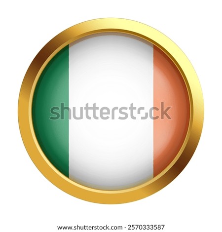 Golden Ireland flag icon with green, white and orange tricolor. National symbol of cultural heritage. Close-up. Web design for printing icons, emblems, souvenirs, gifts, important events and holidays.