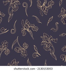 Golden iris buds with leaves. Vector vintage illustration in hand drawn style. Art nouveau, modern. Botanical illustration for wallpaper, fabric printing, packaging.
