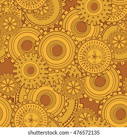 Golden iron gearwheels technology backdrop. Vintage wallpaper with mechanism. Steampunk style