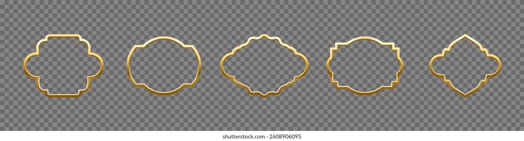 Golden Islam Ramadan frames. Vintage Arabian, Indian, Turkish decorative shapes isolated on transparent. Ornamental border set with classic arabesque shapes. Realistic vector illustrations collection.