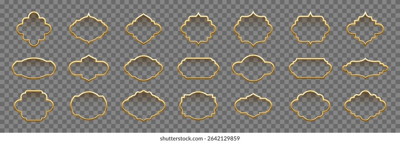 Golden Islam Ramadan frames. Vintage Arabian, Indian, Turkish decorative shapes isolated on transparent. Ornamental border set with classic arabesque shapes. Realistic vector illustrations collection.