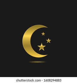 Golden Islam symbol icon. Islamic religion symbol, moon sign with stars