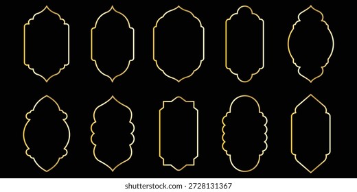 Golden islamic arches and window frames . Arabic golden frames. Luxury islamic geometric windows and doors, oriental mosque architecture.