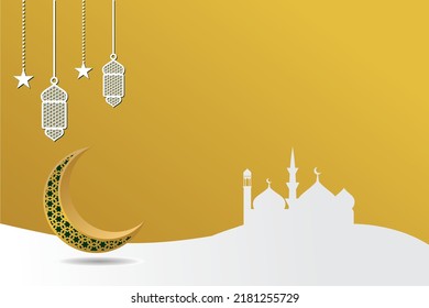 golden islamic background design with crescent moon ornament decoration, mosque, lantern. suitable for the design of Islamic New Year, Muharram, Eid al-Adha, Hajj, Eid Al-Fitr, Ramadan, etc