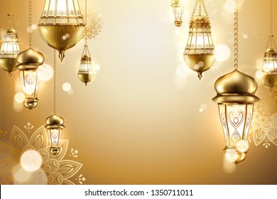 Golden islamic background with hanging lanterns and arabesque flowers