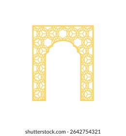 Golden Islamic decorative arch gate shape with beautiful arabesque pattern in oriental style. Traditional Ramadan, Eid Mubarak frame. Vintage Arabic Muslim mosque entrance architecture vector design