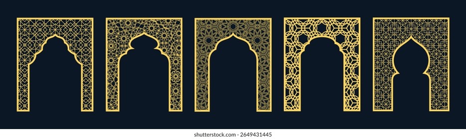 Golden Islamic decorative arch gate with beautiful arabesque pattern oriental style. Traditional Ramadan, Eid Mubarak door frame. Vintage Muslim mosque entrance Arabic architecture vector design set