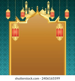 Golden islamic frame with lantern ramadan kareem arabic border flyer poster