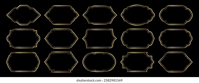 Golden Islamic frame shapes for the month of Ramadan. Borders with Arabic designs. Collection of isolated vector elements on white background.