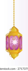 Lanterna islâmica dourada com vidro colorido e efeitos de luz cintilante para os festivais do Ramadã e do Eid