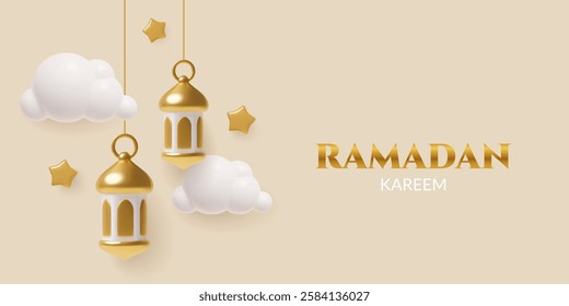Golden islamic lanterns hanging with clouds and stars. 3d realistic Ramadan background. Vector illustration.