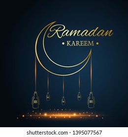 Golden Islamic moon and hanging lamps, ramadan kareem written with black background, vector, illustration, eps file